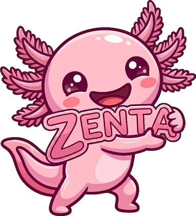 Zeni, maskot Zenta, memegang tulisan ZENTA